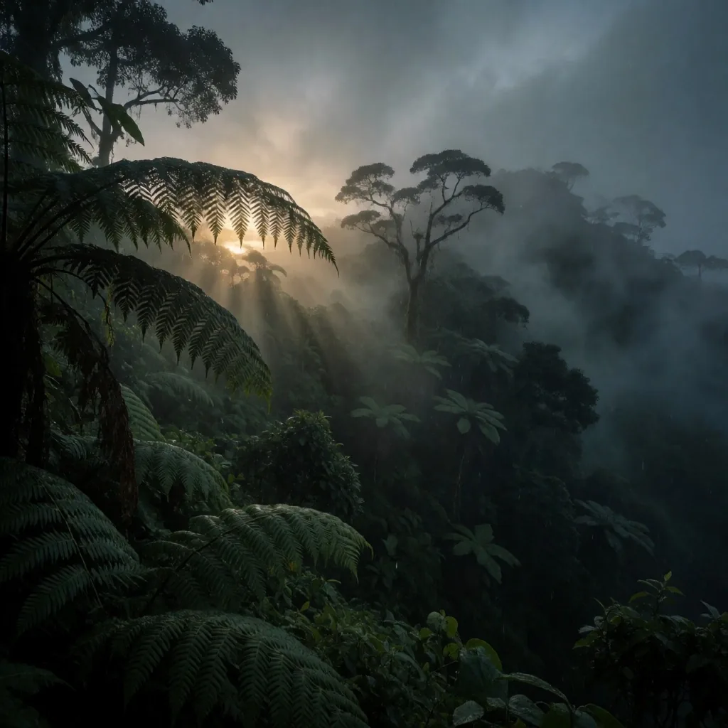 Indonesian tropical forest canopy at dusk