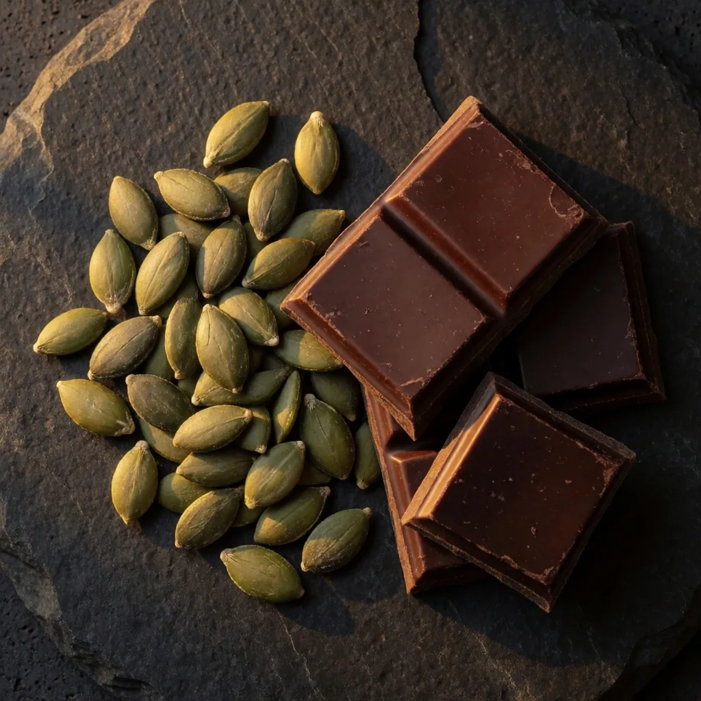 Pumpkin seeds and dark chocolate on dark stone surface