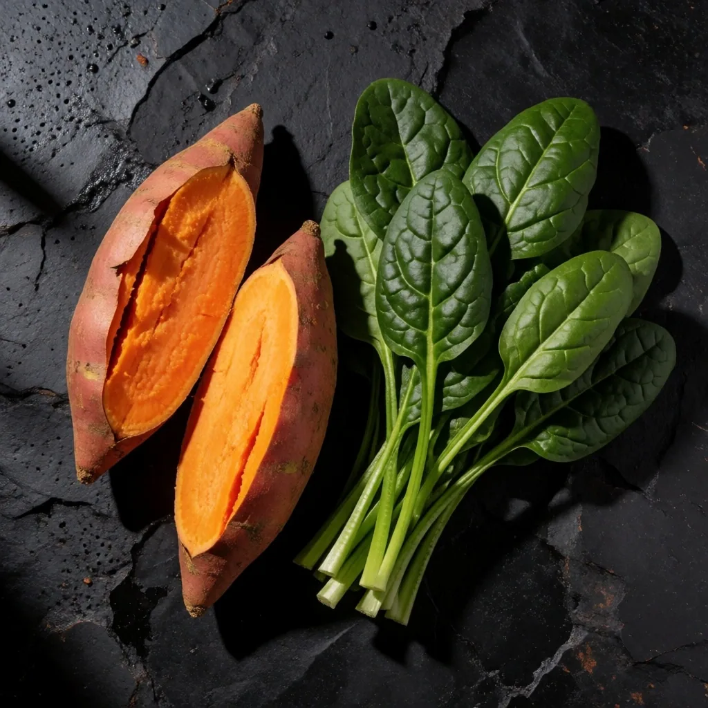 Sweet potato and spinach on dark stone surface